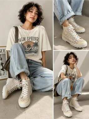 Lucky Brand Beige Leopard-Print High-Top Sneakers